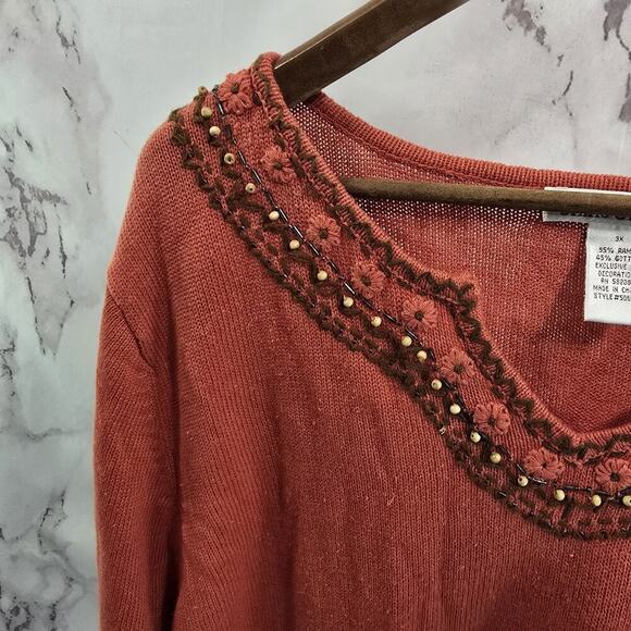 Vintage Sweater Womens 3X Coral 90s Y2K Artsy Coastal Cotton Ramie Embroidered - Picture 2 of 13